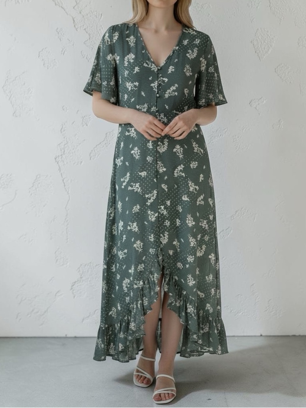 IVY City Sage Ditsy Floral Asymmetrical High-Low Maxi Dress